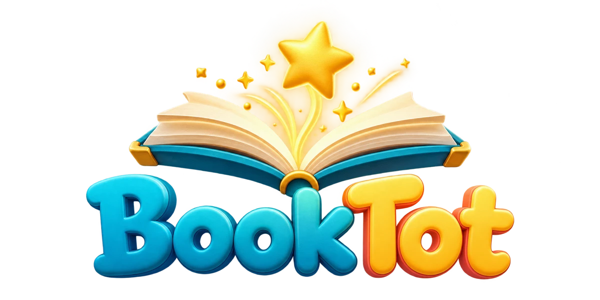 BookTot: a glowing open storybook with golden stars and turquoise and gold lettering